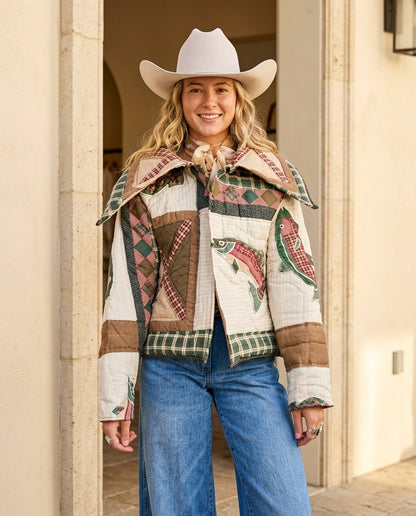 Patchwork Quilted Cropped Jacket with Fish Applique