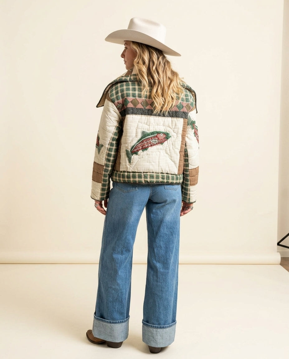 Patchwork Quilted Cropped Jacket with Fish Applique