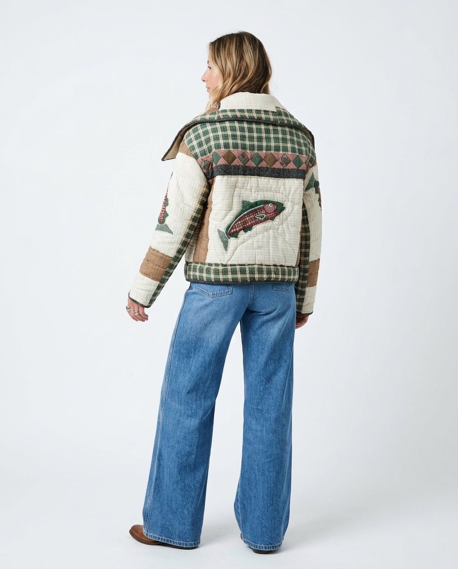 Patchwork Quilted Cropped Jacket with Fish Applique