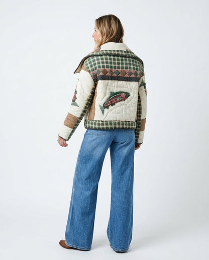 Patchwork Quilted Cropped Jacket with Fish Applique