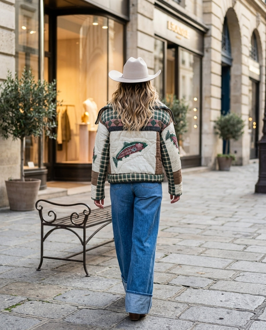 Patchwork Quilted Cropped Jacket with Fish Applique