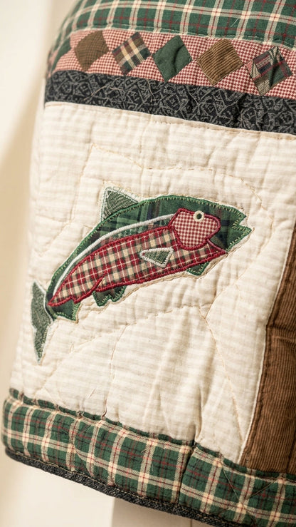 Patchwork Quilted Cropped Jacket with Fish Applique