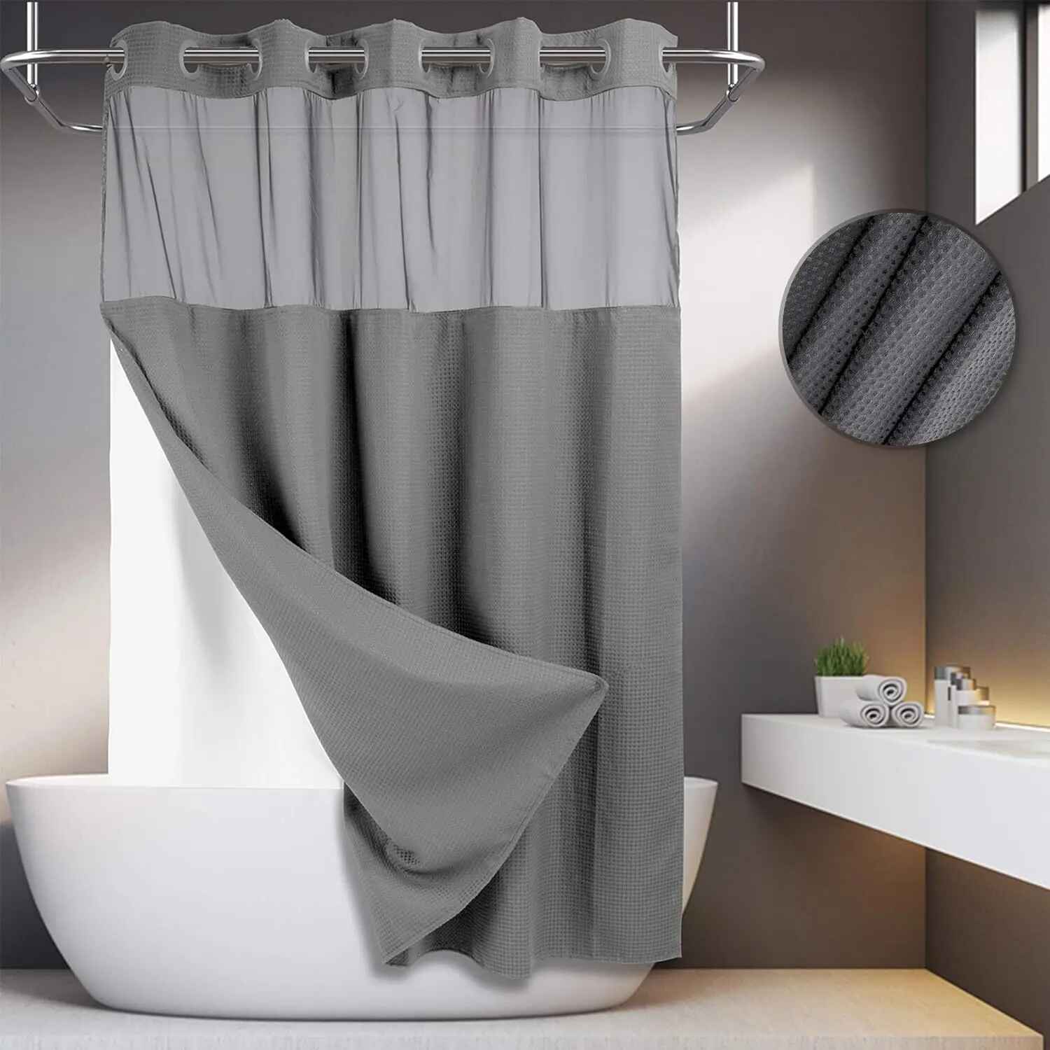 Hookless Double-Layer Shower Curtain with Snap-In Liner