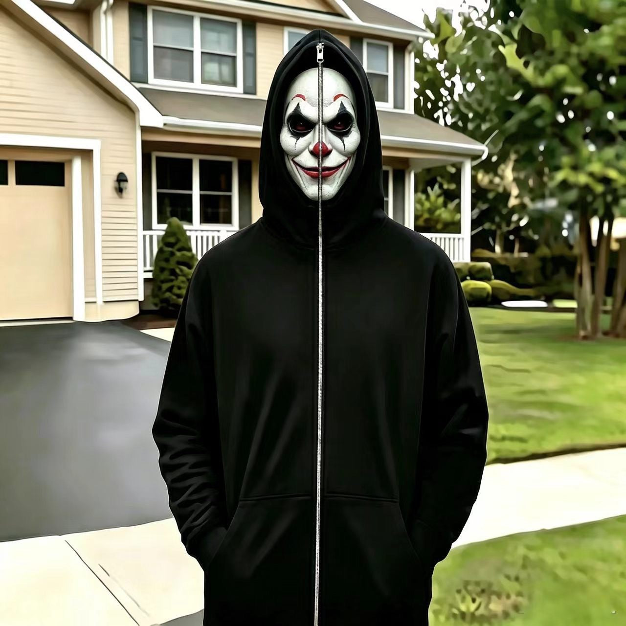 Halloween Mask Graphic Zip-Up Hoodie - Jester Smile Mask