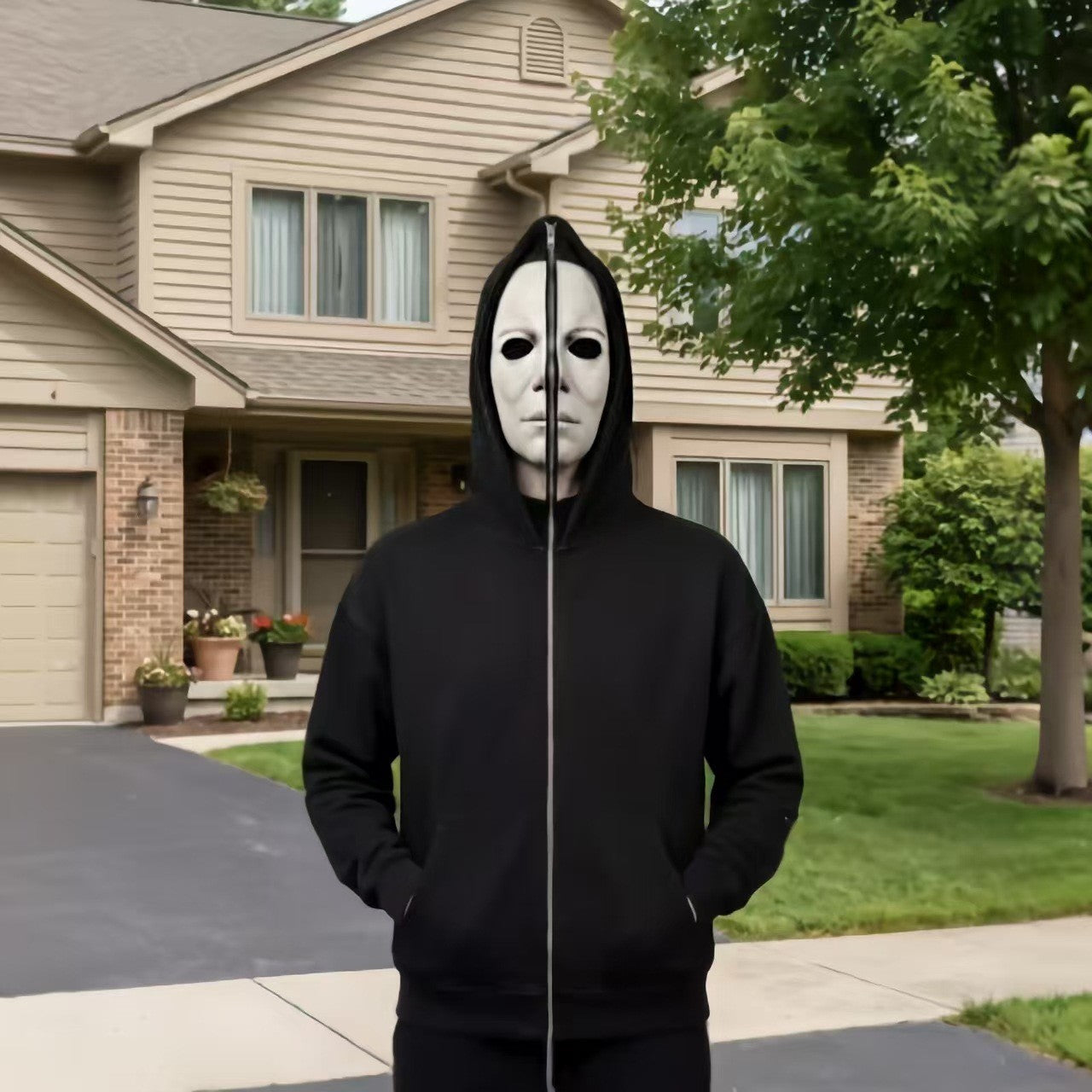 Halloween Mask Graphic Zip-Up Hoodie - Pale Face Mask