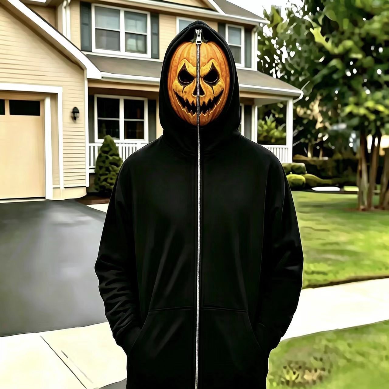 Halloween Mask Graphic Zip-Up Hoodie - Pumpkin Mask