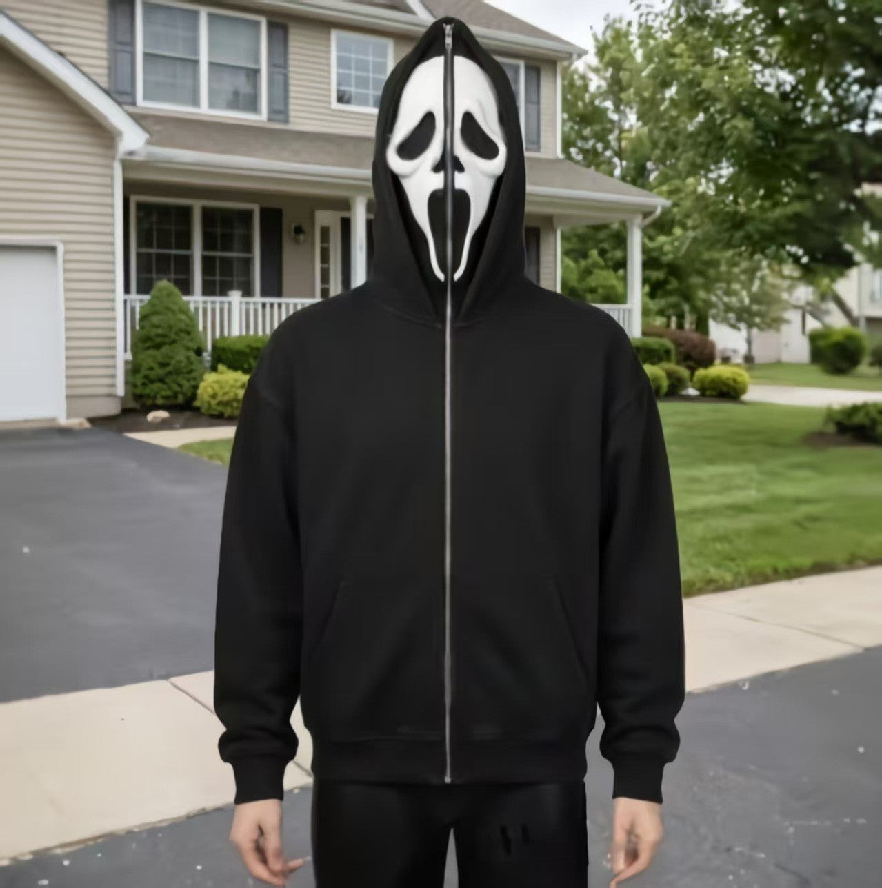 Halloween Mask Graphic Zip-Up Hoodie - Scream Mask