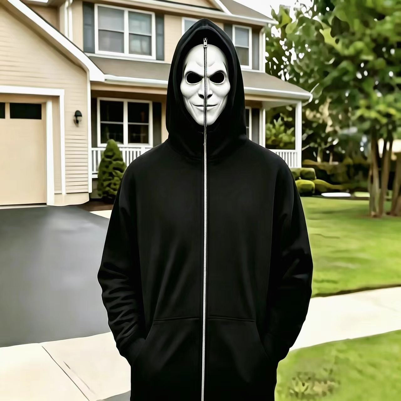 Halloween Mask Graphic Zip-Up Hoodie - White Smile Mask