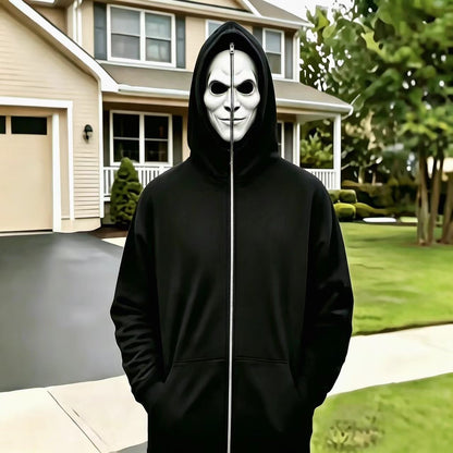 Halloween Mask Graphic Zip-Up Hoodie - White Smile Mask